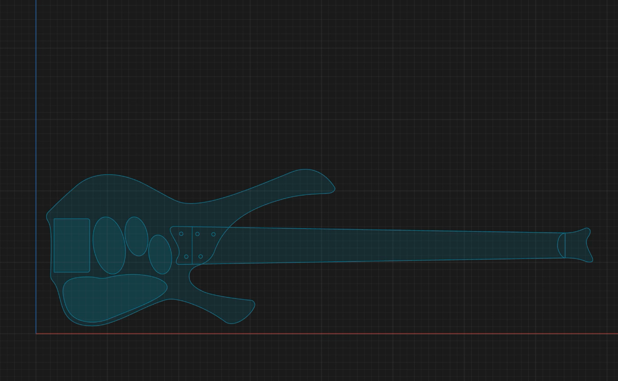 Draxen headless bass design shown as a blueprint drawing
